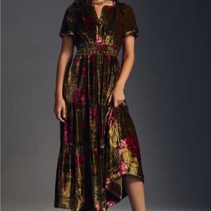Anthropologie Velvet High Low Dress in Green and Pink